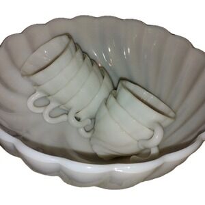 Vtg Hazel-Atlas White Punch Bowl & Mugs Milk-Glass Alpine Swirl Colony 10 pc set